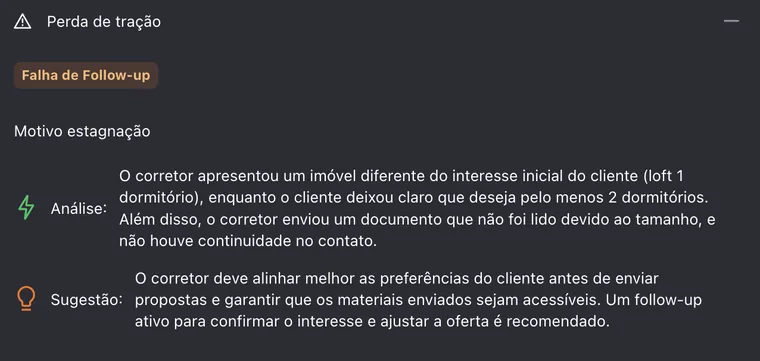 Diagnóstico do Synthetos identificando falha de follow-up em um atendimento imobiliário