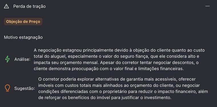 Diagnóstico do Synthetos identificando objeção de preço em uma negociação imobiliária